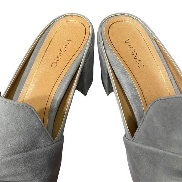 NEW Vionic "Plaza Presley" Charcoal Grey Suede Leather Heeled Mules 10 - Picture 4 of 6